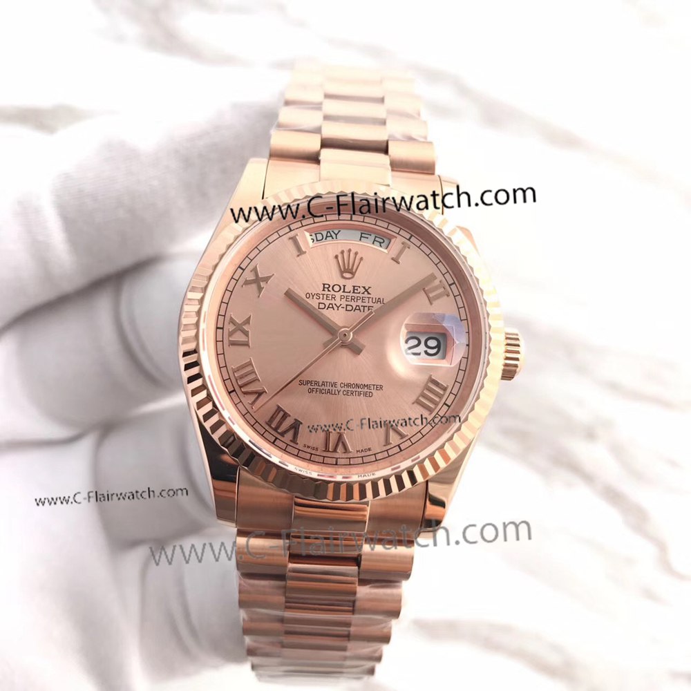 Fake Presidential Rolex Day-Date Watch 36mm Rose Gold Roman Mark